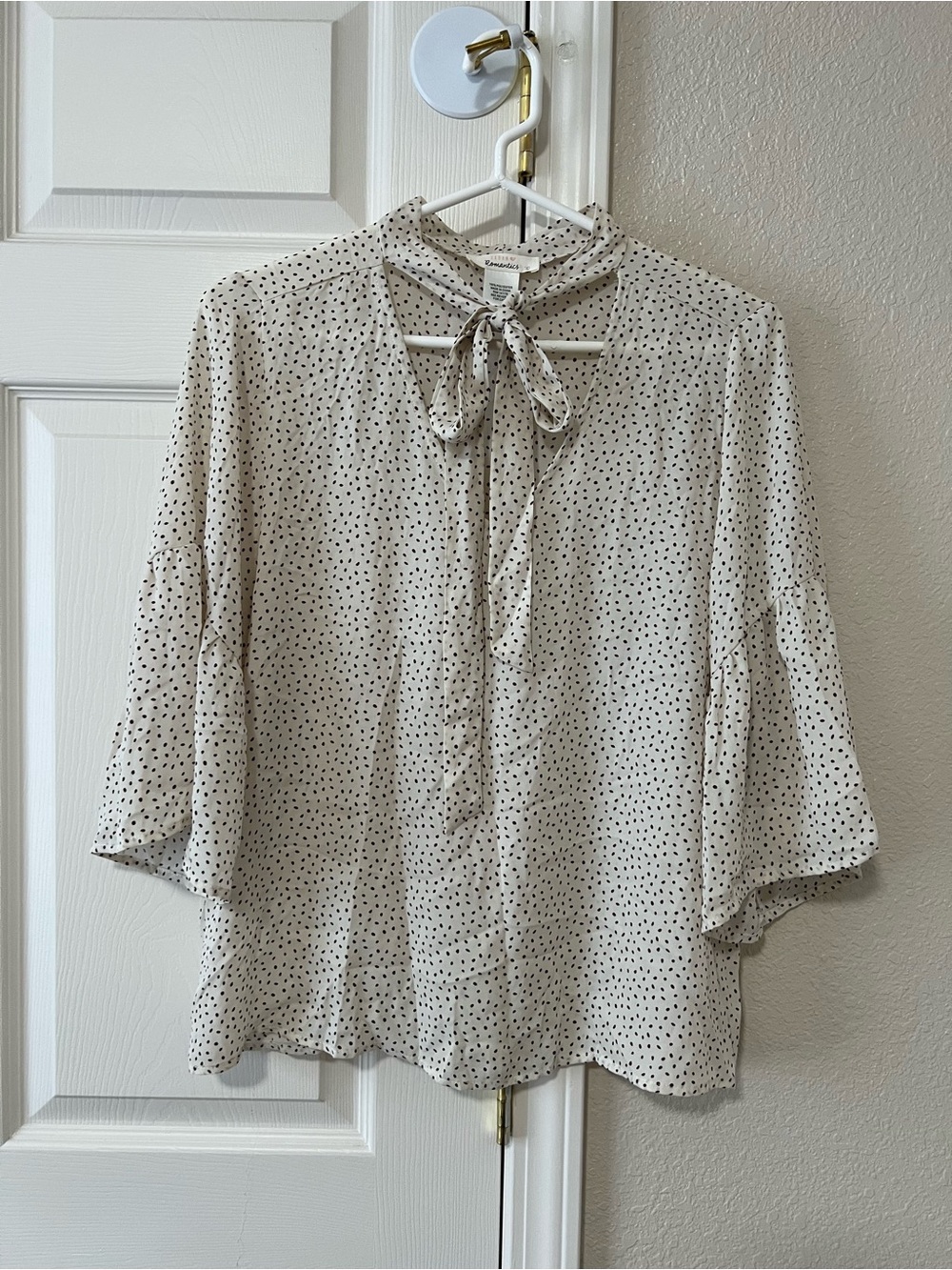 Urban Romantics Polka Dot Tie Neck Bell Sleeve Blouse Ivory Large NWOT